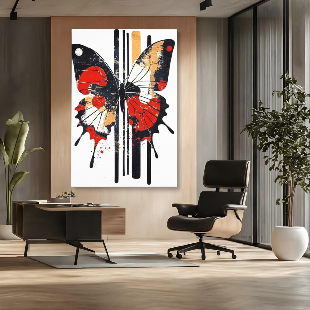 Tablou canvas cu tablou canvas cu fluture grafic, fara rama, pe sasiu de lemn, pe perete intr-un birou
